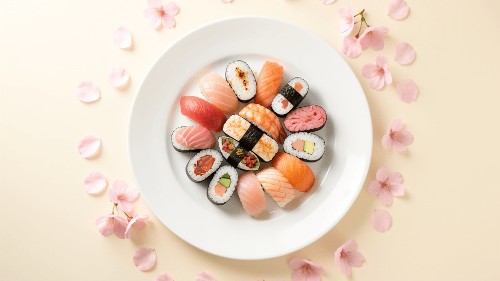 Frisches Sushi mit Sakurablüten