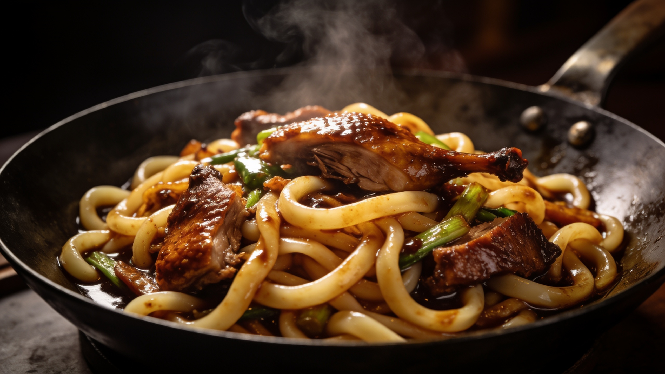 Gebratene Udon-Nudeln mit krosser Ente